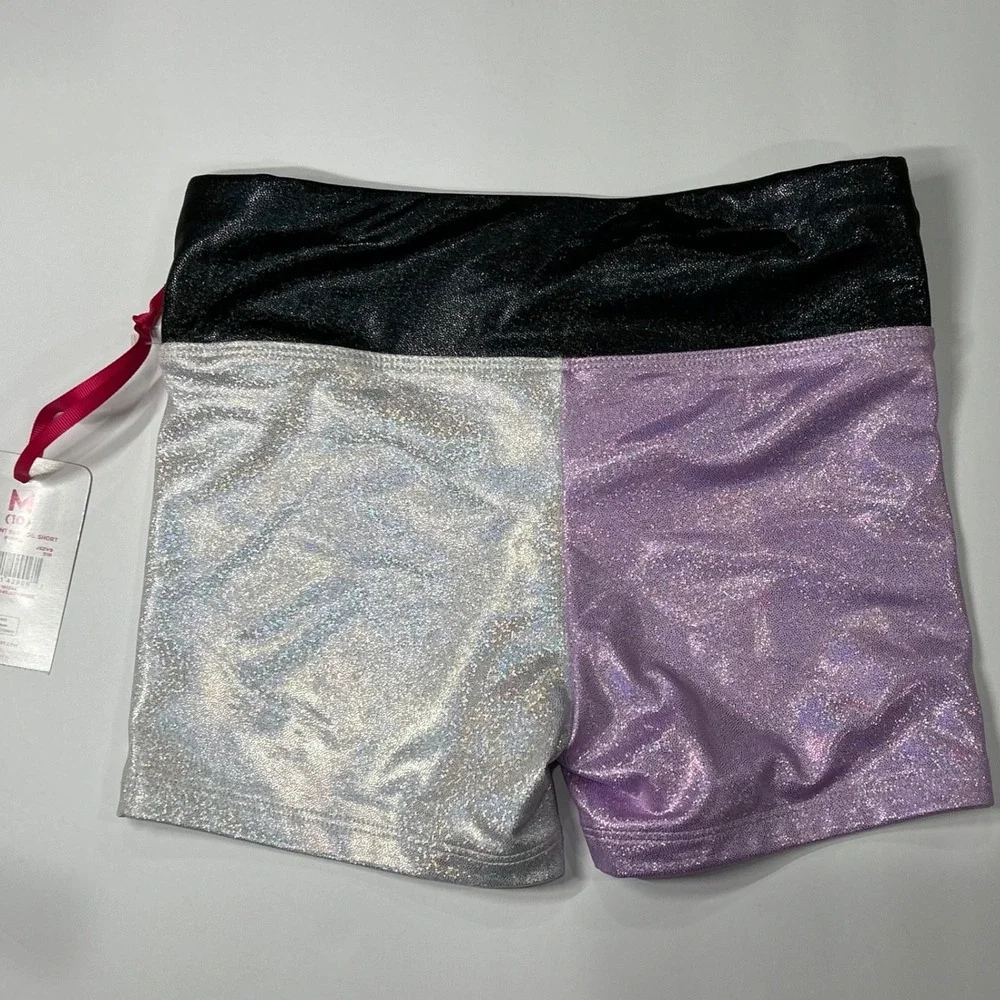 Justice Girls Iridescent Purple Silver Black Foil Dance Gym Shorts Size M 10 New